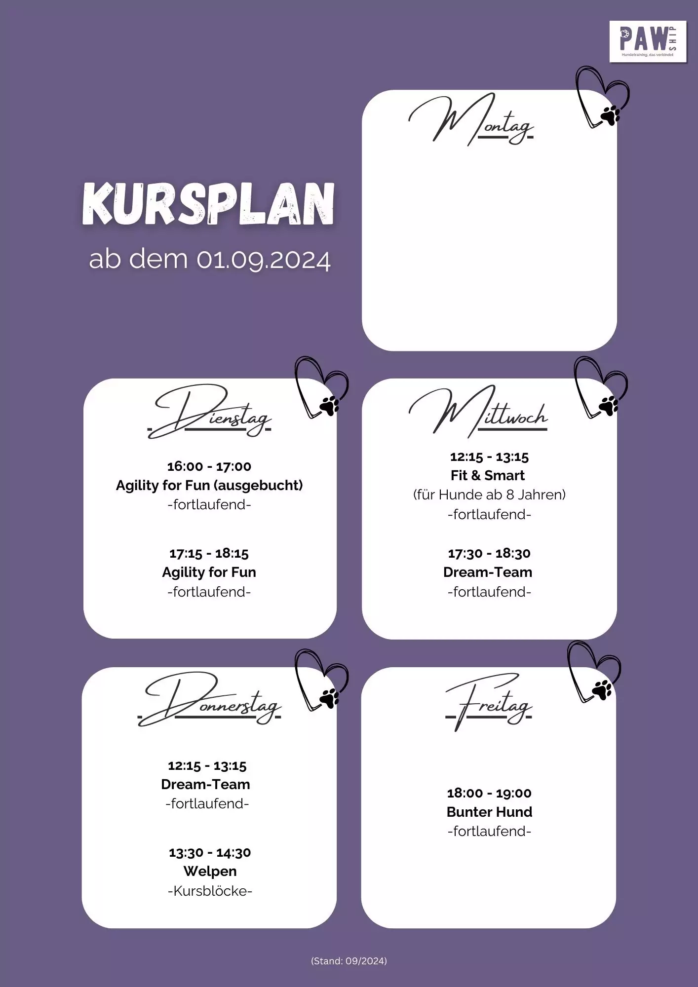 Kursplan bei PAWship Hundetraining, Stand 09/2024