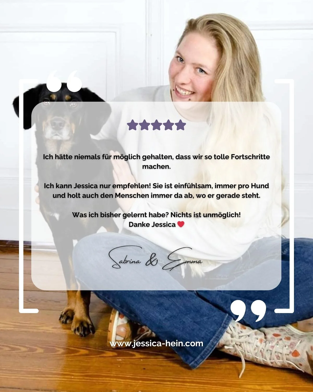 Testimonial, Kundenstimme von Sabrina & Emma zum Einzeltraining für Hunde mit Jessica Hein bei PAWship® in Mechernich